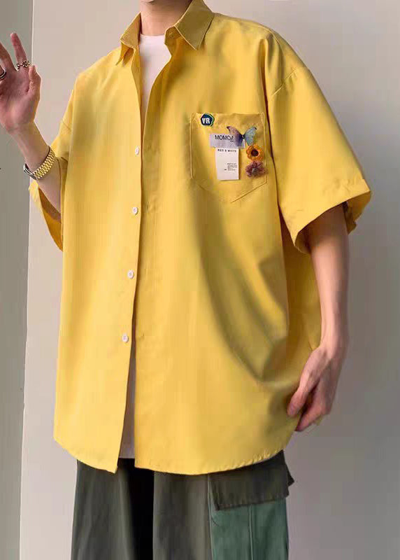Simple Yellow Button Pockets Cotton Shirts Half Sleeve