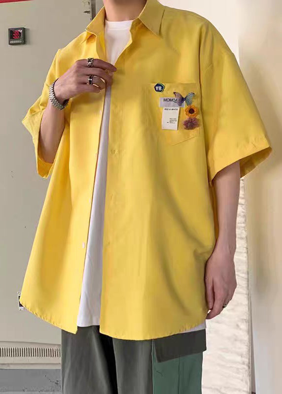 Simple Yellow Button Pockets Cotton Shirts Half Sleeve