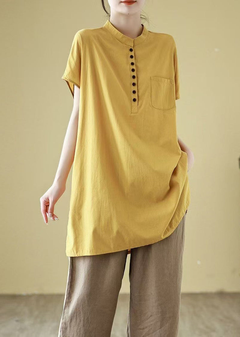 Simple Yellow Button Pockets Cotton T Shirt Short Sleeve
