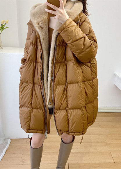 Simple Yellow Hooded Mink Hair Patchwork Duck Down Winter Down Coat