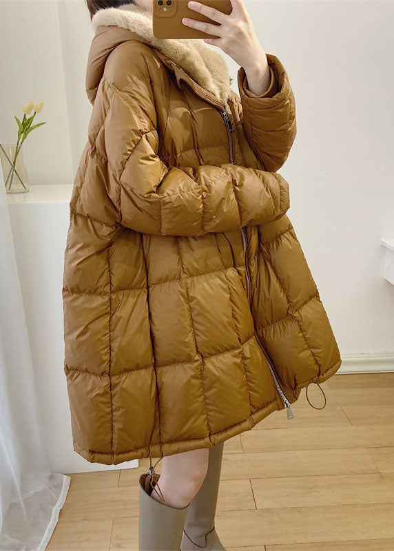 Simple Yellow Hooded Mink Hair Patchwork Duck Down Winter Down Coat