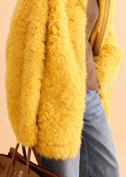 Simple Yellow Hooded Teddy Faux Fur Coats Winter