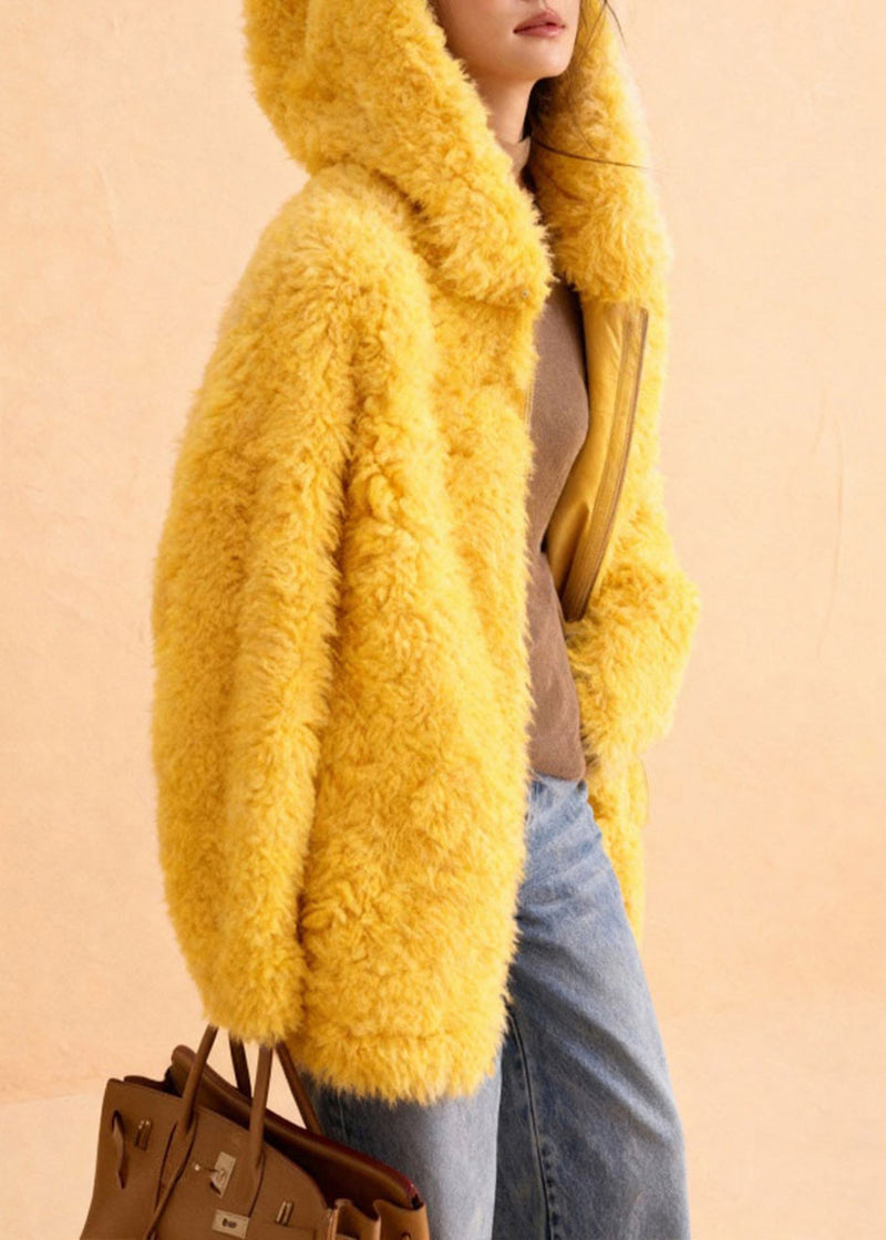 Simple Yellow Hooded Teddy Faux Fur Coats Winter