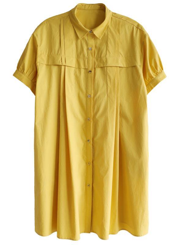Simple Yellow Loose Peterpan Collar Button Summer Cotton Dresses