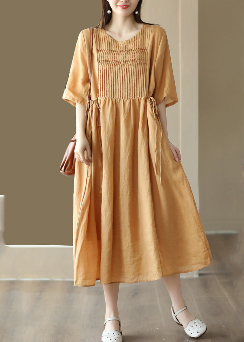 Simple Yellow O-neck Patchwork Linen Long Dresses Summer