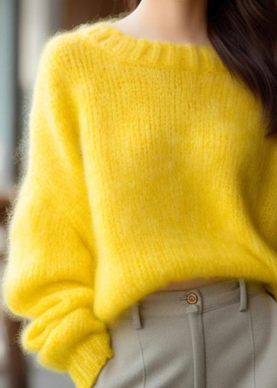 Simple Yellow O Neck Cotton Knit Sweater Long Sleeve