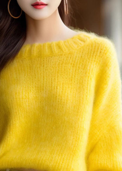 Simple Yellow O Neck Cotton Knit Sweater Long Sleeve