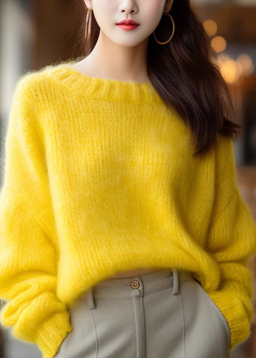 Simple Yellow O Neck Knit Sweater Spring