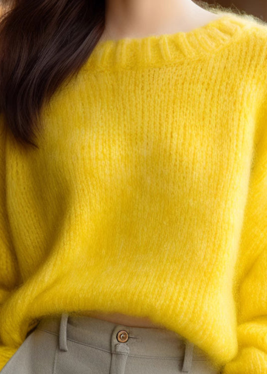 Simple Yellow O Neck Knit Sweater Spring
