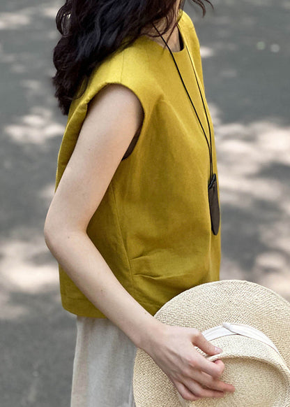 Simple Yellow O Neck Linen Top Sleeveless