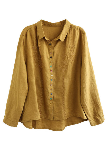 Simple Yellow Peter Pan Collar Embroideried Linen Shirt Spring