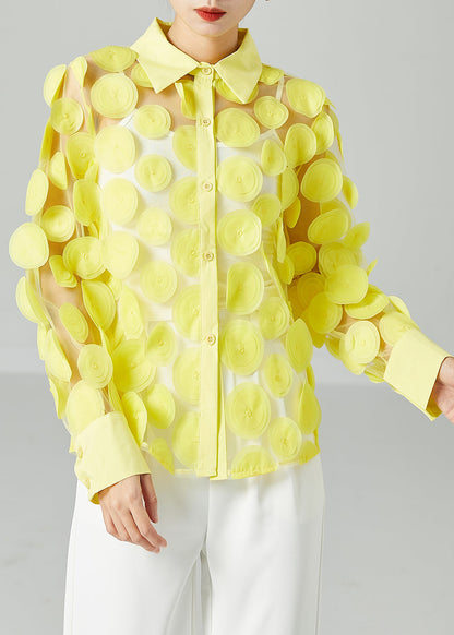Simple Yellow Peter Pan Collar Hollow Out Tulle Blouse Tops Summer