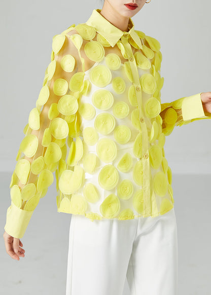 Simple Yellow Peter Pan Collar Hollow Out Tulle Blouse Tops Summer
