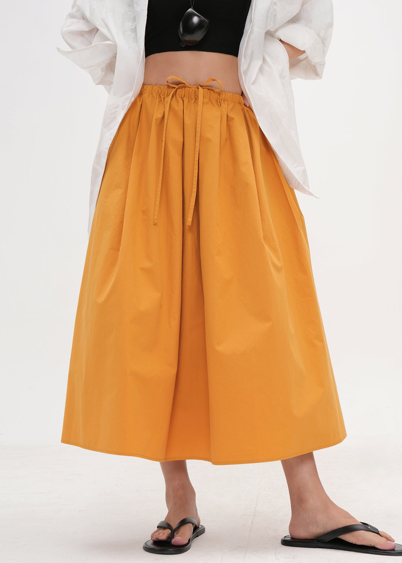 Simple Yellow Pockets Drawstring Cotton Skirt Summer