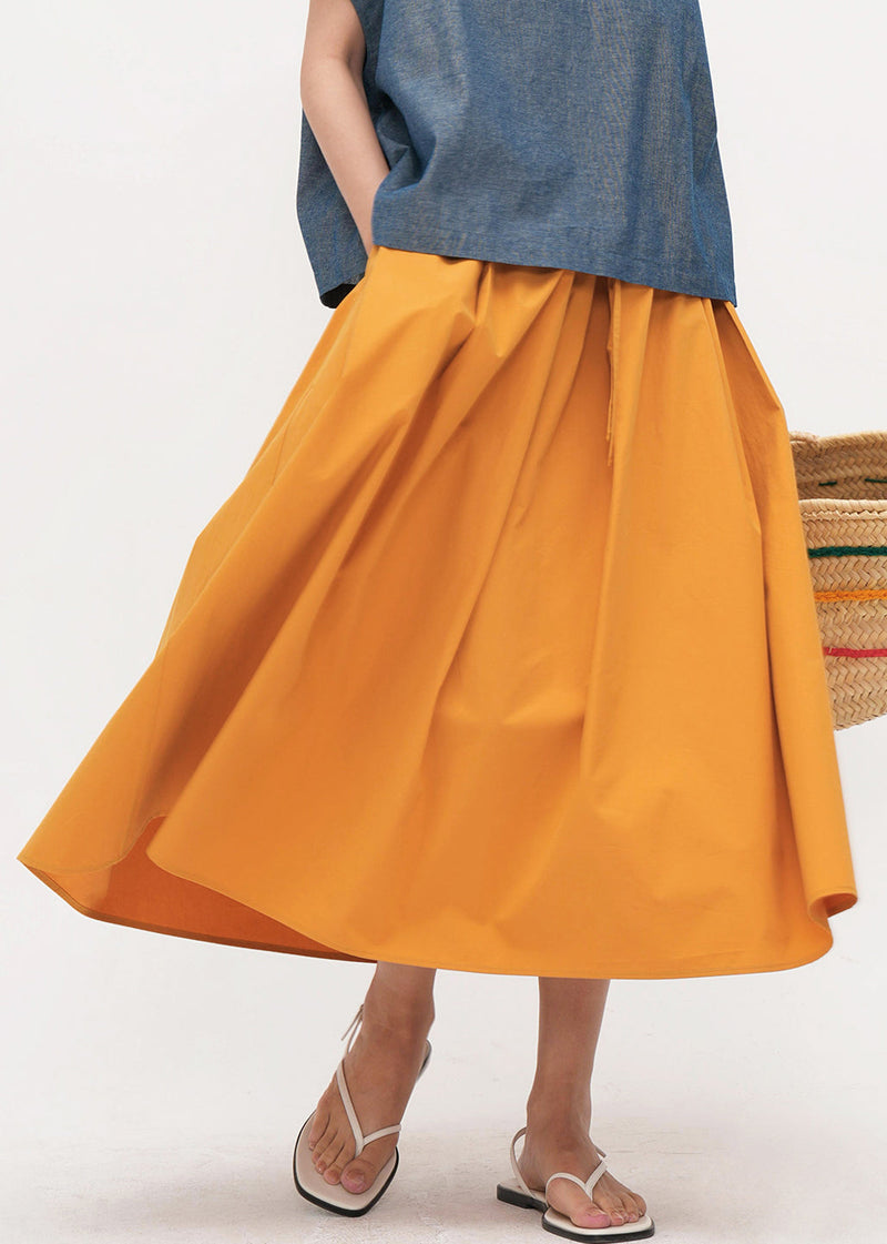 Simple Yellow Pockets Drawstring Cotton Skirt Summer