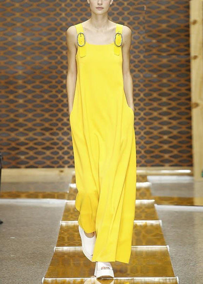 Simple Yellow Pockets Cotton Jumpsuit Pants Sleeveless