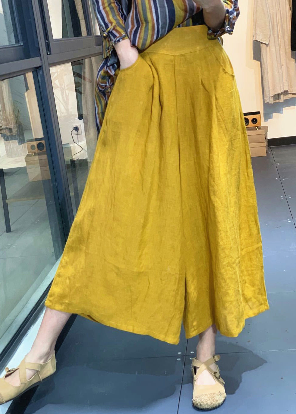 Simple Yellow Pockets High Waist Linen Wide Leg Pants Summer