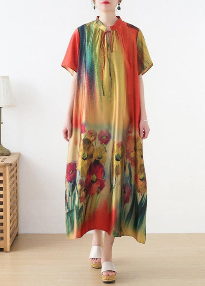 Simple Yellow Print Chiffon Tie Summer Robe Dresses