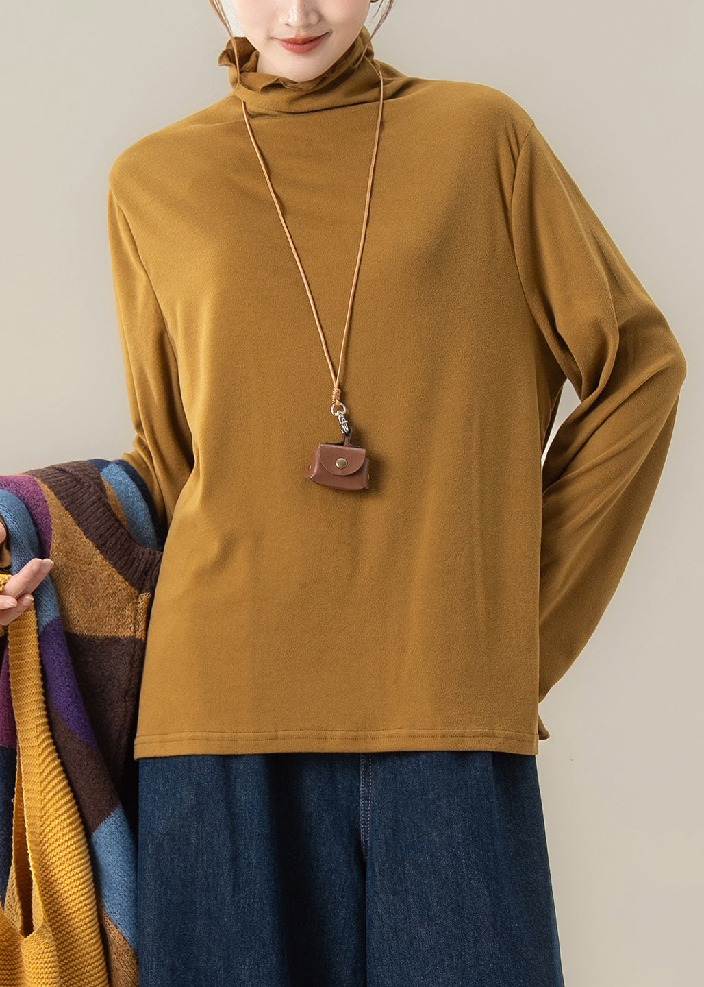 Simple Yellow Ruffled Hign Neck Cotton T Shirt Tops Spring