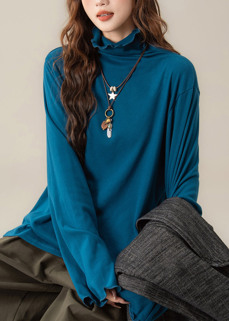 Simple Yellow Ruffled Hign Neck Cotton T Shirt Tops Spring