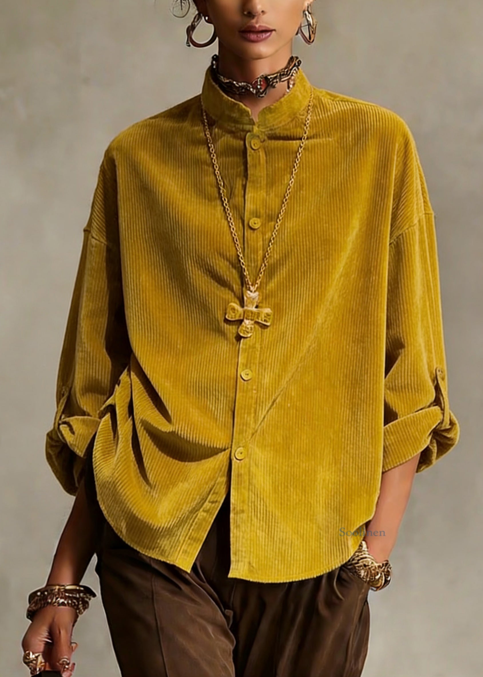 Simple Yellow Stand Collar Button Solid Shirts Spring