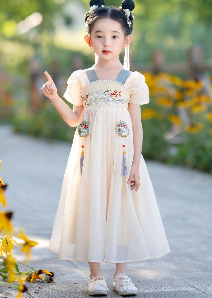 Simple Yellow Tasseled Embroideried Nail Bead Patchwork Baby Dress Summer