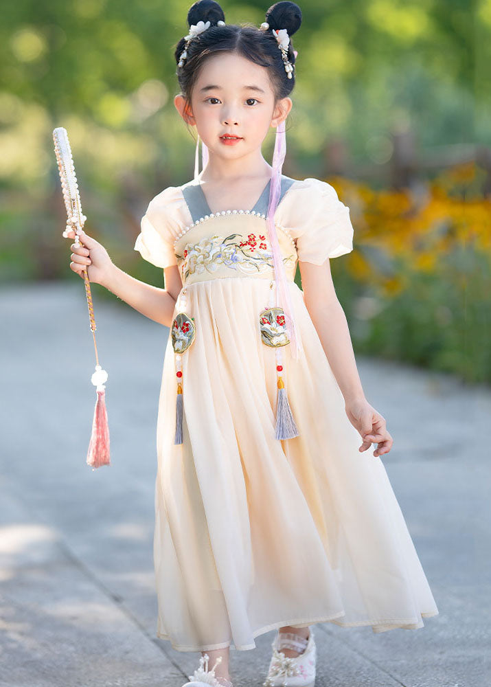 Simple Yellow Tasseled Embroideried Nail Bead Patchwork Baby Dress Summer