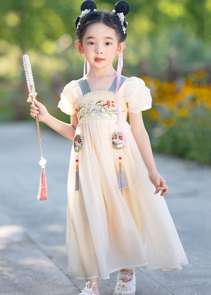 Simple Yellow Tasseled Embroideried Nail Bead Patchwork Baby Dress Summer