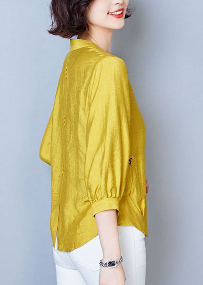 Simple Yellow V Neck Embroideried Patchwork Cotton Tops Summer