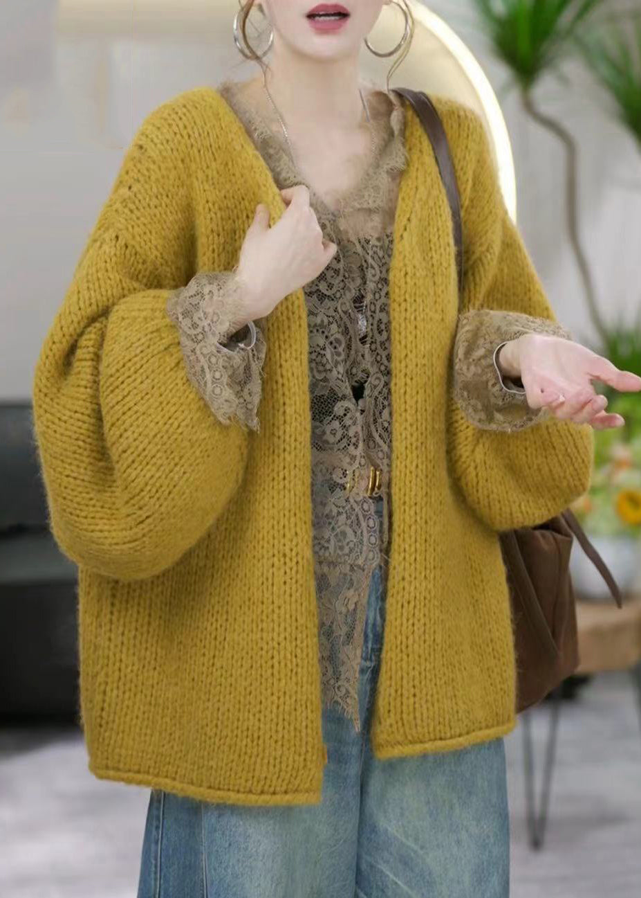 Simple Yellow V Neck Cotton Knit Cardigans Winter