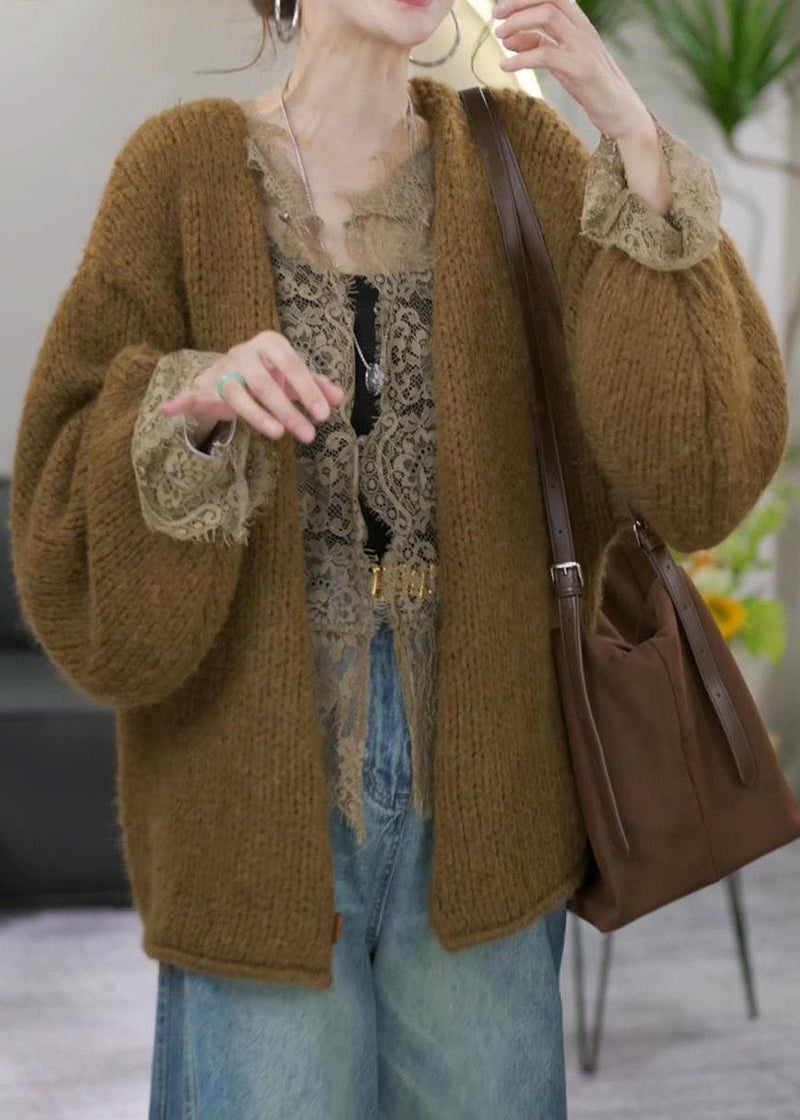 Simple Yellow V Neck Cotton Knit Cardigans Winter