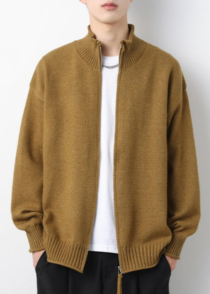 Simple Yellow Zip Up Knit Cardigans Spring