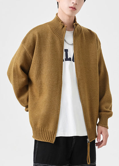 Simple Yellow Zip Up Knit Cardigans Spring
