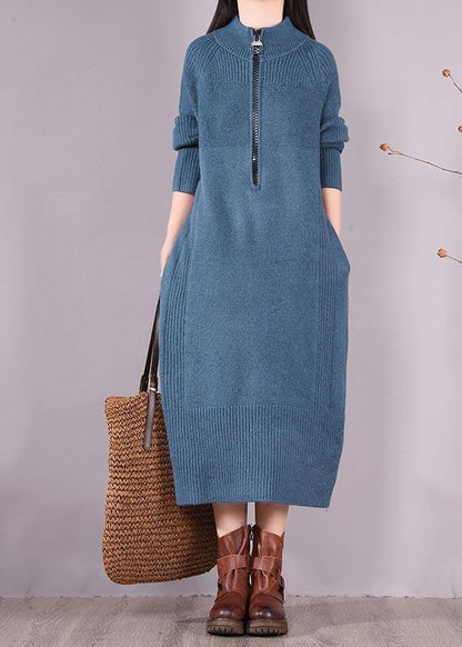 Simple Zippered Pockets Spring Clothes for Work Outfits Blue Robes Dresses