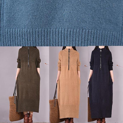 Simple Zippered Pockets Spring Clothes for Work Outfits Blue Robes Dresses