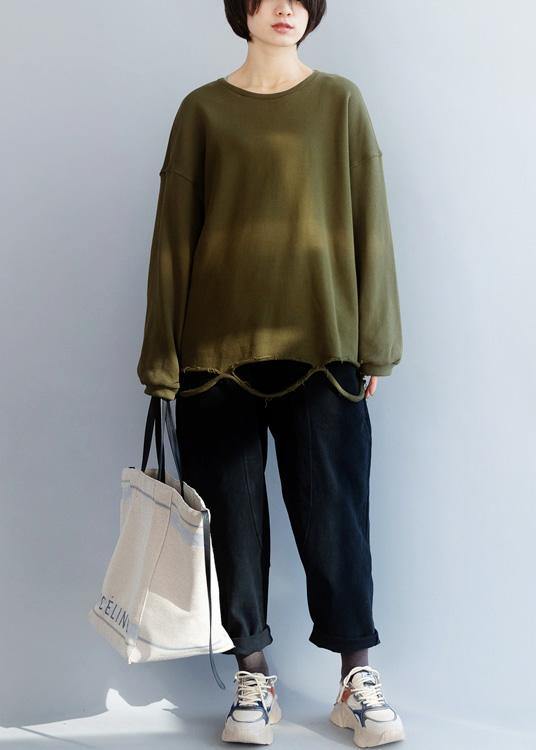 Simple army green cotton shirts women Hole hem Plus Size Clothing o neck shirts