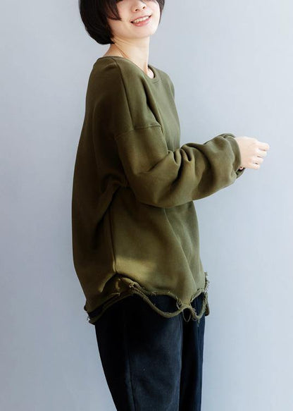 Simple army green cotton shirts women Hole hem Plus Size Clothing o neck shirts