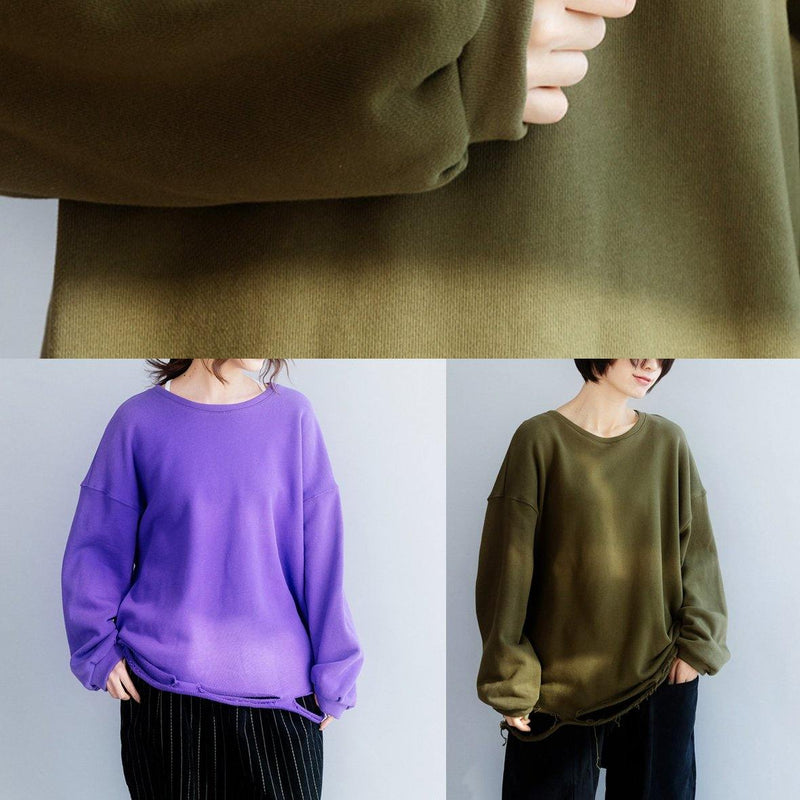 Simple Army Green Cotton Shirts Hole Hem Clothing O Neck Shirts