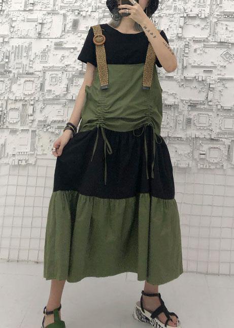 Simple Army Green Sleeveless Cotton Long Shirts Drawstring Robe Summer Dress