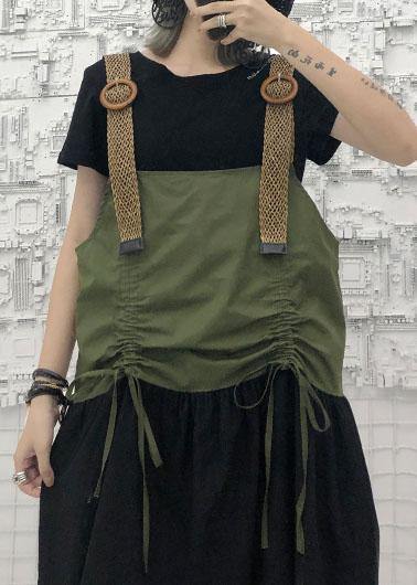 Simple Army Green Sleeveless Cotton Long Shirts Drawstring Robe Summer Dress