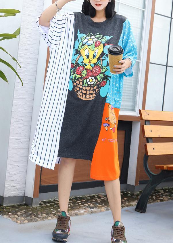 Simple Asymmetric Hem Blended Clothes Linen Patchwork Dress Summer