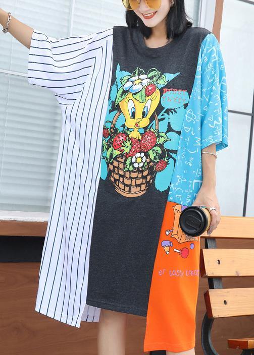Simple Asymmetric Hem Blended Clothes Linen Patchwork Dress Summer