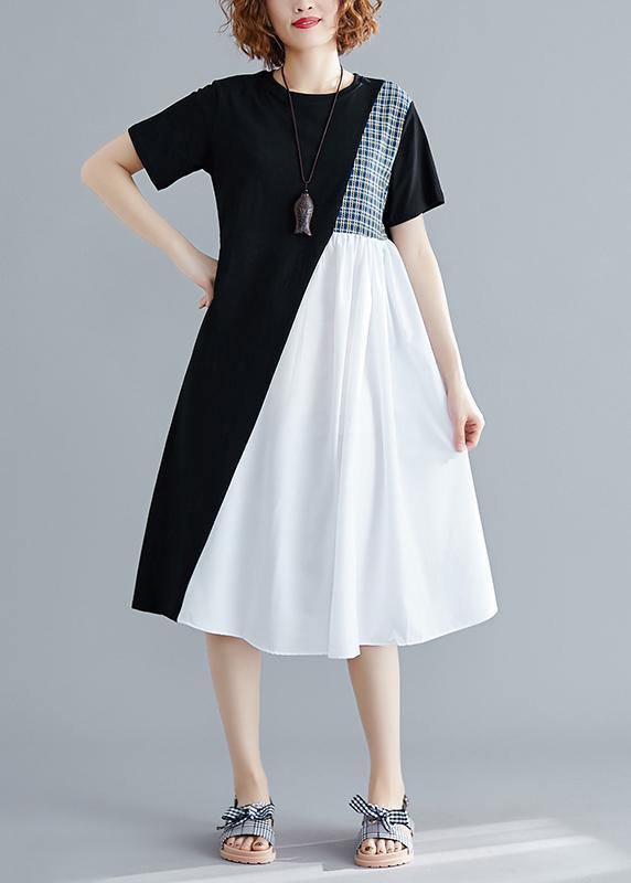 Simple Black Cotton Quilting Clothes O Neck Patchwork Summer Dress