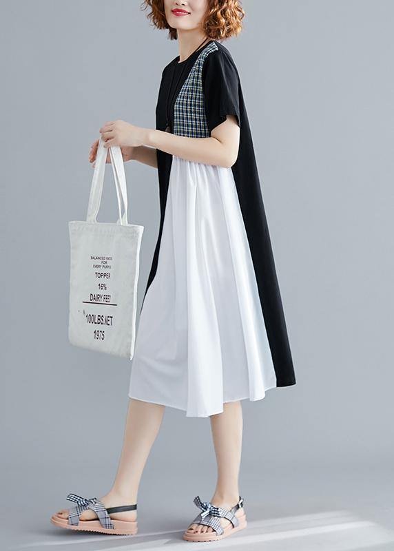 Simple Black Cotton Quilting Clothes O Neck Patchwork Summer Dress