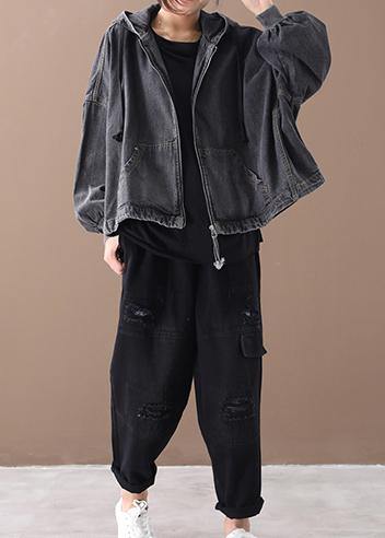 Simple Black Fine Tunics for Neckline Hooded Zippered Coats