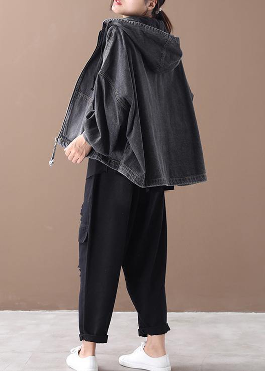 Simple Black Fine Tunics for Neckline Hooded Zippered Coats