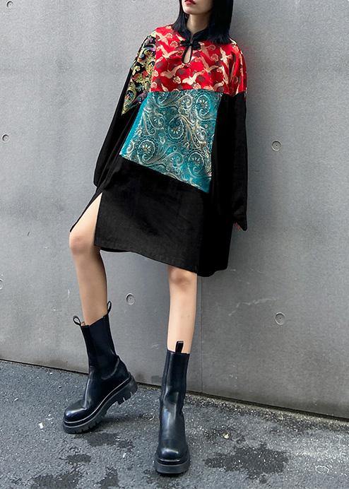 Simple Black Clothes Stand Collar Patchwork Print Dress