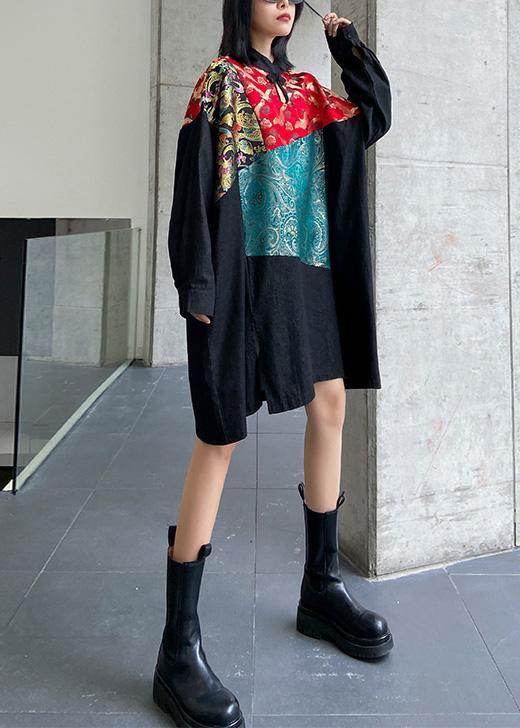 Simple Black Clothes Stand Collar Patchwork Print Dress