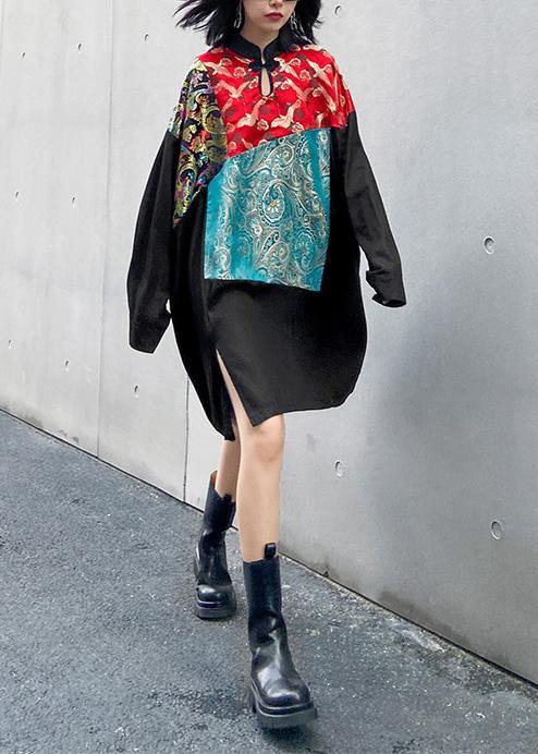 Simple Black Clothes Stand Collar Patchwork Print Dress
