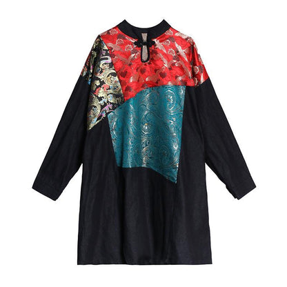 Simple Black Clothes Stand Collar Patchwork Print Dress